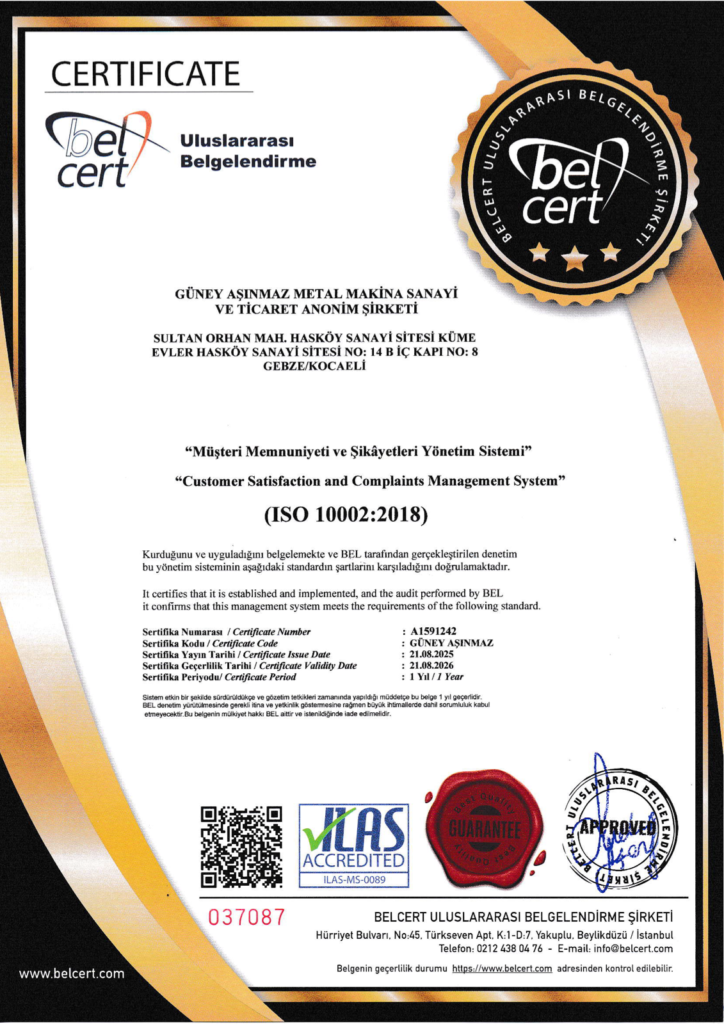 ISO 10002:2018 Müşteri Memnuniyeti Yönetim Sistemi Sertifikası - Güney Aşınmaz Metal