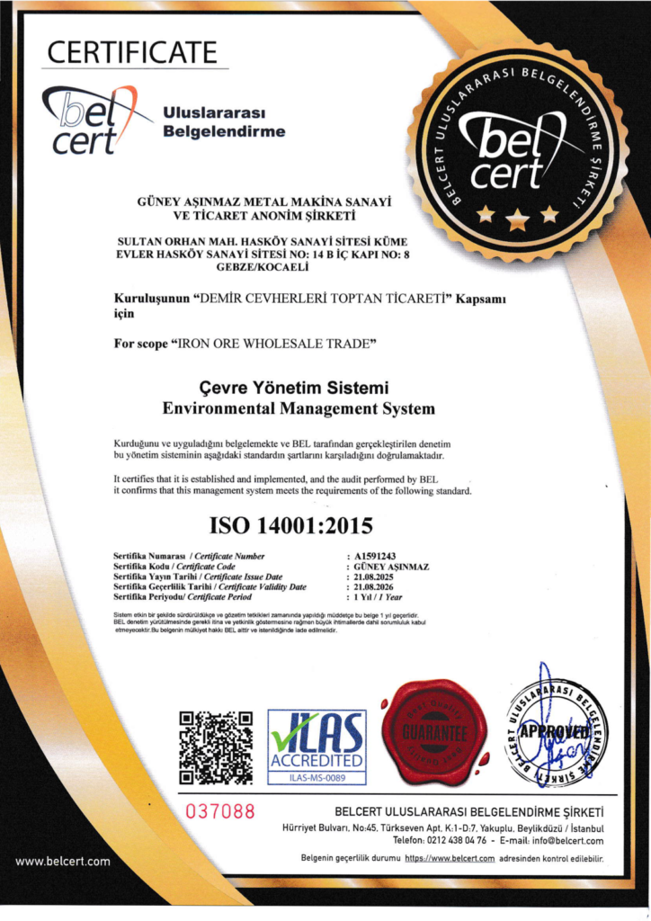 ISO 14001:2015 Çevre Yönetim Sistemi Sertifikası - Güney Aşınmaz Metal