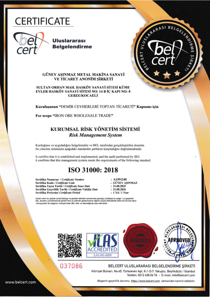 ISO 31000:2018 Kurumsal Risk Yönetim Sistemi Sertifikası - Güney Aşınmaz Metal