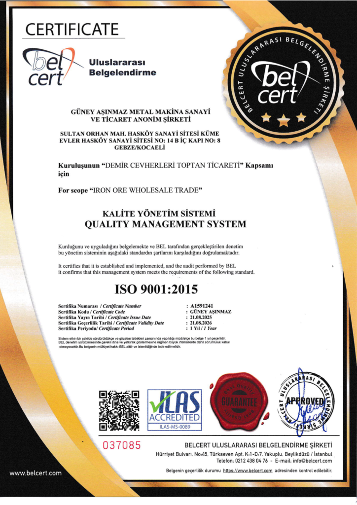 ISO 9001:2015 Kalite Yönetim Sistemi Sertifikası - Güney Aşınmaz Metal